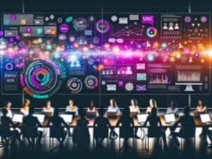 Dynamisches Headerbild mit modernen Datenvisualisierungen, Marketer und Developer an Laptops, Social-Media-Icons und UGC-Schlagworten