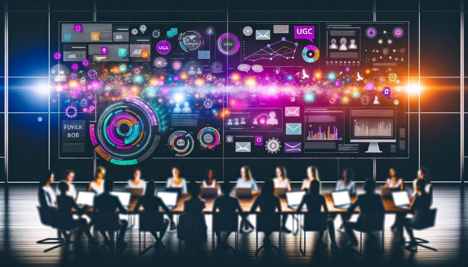Dynamisches Headerbild mit modernen Datenvisualisierungen, Marketer und Developer an Laptops, Social-Media-Icons und UGC-Schlagworten