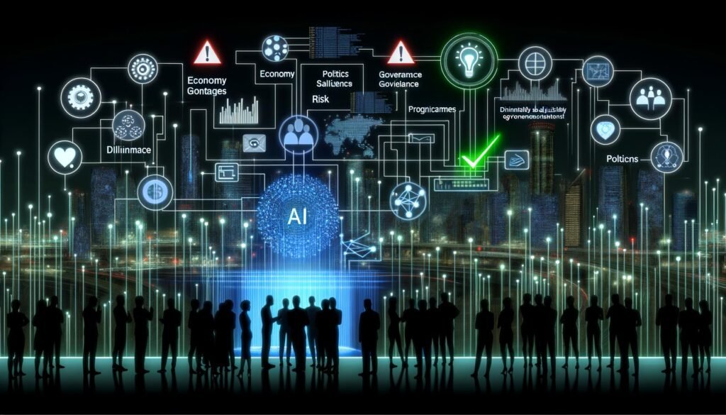 Futuristische nächtliche Stadt mit Menschen an transparenter Steuer-Schalttafel, die KI-Algorithmen, Datenströme und Governance-Regler verbinden. Im Hintergrund leuchtende digitale Infrastruktur, Symbole für Risiko und Resilienz.
