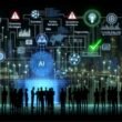Futuristische nächtliche Stadt mit Menschen an transparenter Steuer-Schalttafel, die KI-Algorithmen, Datenströme und Governance-Regler verbinden. Im Hintergrund leuchtende digitale Infrastruktur, Symbole für Risiko und Resilienz.
