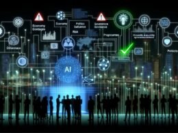 Futuristische nächtliche Stadt mit Menschen an transparenter Steuer-Schalttafel, die KI-Algorithmen, Datenströme und Governance-Regler verbinden. Im Hintergrund leuchtende digitale Infrastruktur, Symbole für Risiko und Resilienz.