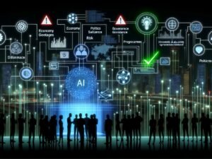 Futuristische nächtliche Stadt mit Menschen an transparenter Steuer-Schalttafel, die KI-Algorithmen, Datenströme und Governance-Regler verbinden. Im Hintergrund leuchtende digitale Infrastruktur, Symbole für Risiko und Resilienz.
