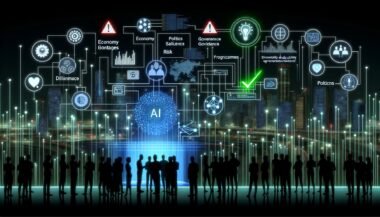 Futuristische nächtliche Stadt mit Menschen an transparenter Steuer-Schalttafel, die KI-Algorithmen, Datenströme und Governance-Regler verbinden. Im Hintergrund leuchtende digitale Infrastruktur, Symbole für Risiko und Resilienz.