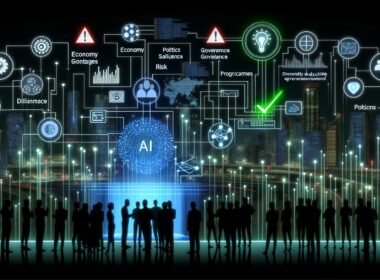 Futuristische nächtliche Stadt mit Menschen an transparenter Steuer-Schalttafel, die KI-Algorithmen, Datenströme und Governance-Regler verbinden. Im Hintergrund leuchtende digitale Infrastruktur, Symbole für Risiko und Resilienz.