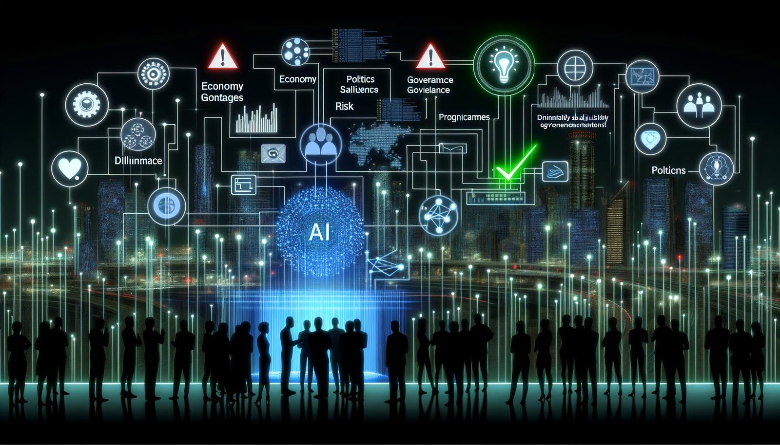 Futuristische nächtliche Stadt mit Menschen an transparenter Steuer-Schalttafel, die KI-Algorithmen, Datenströme und Governance-Regler verbinden. Im Hintergrund leuchtende digitale Infrastruktur, Symbole für Risiko und Resilienz.