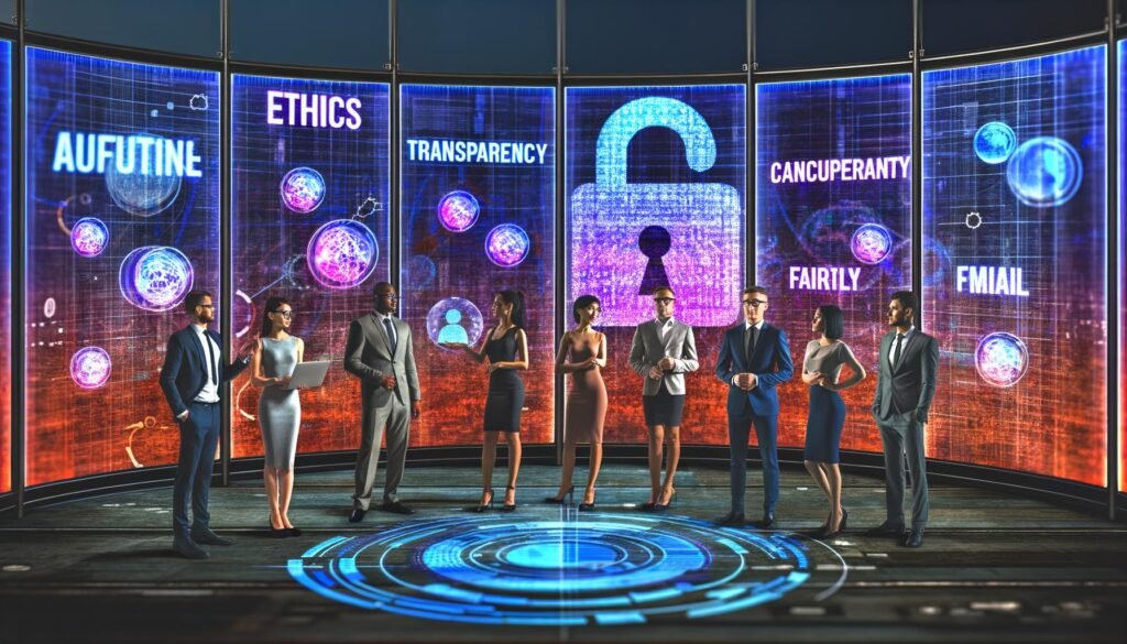 Data Science und Marketing-Profis analysieren digitale Datendiagramme an großen Touchscreens, mit Themen wie Ethik und Datenschutz im neonbeleuchteten Hintergrund.
