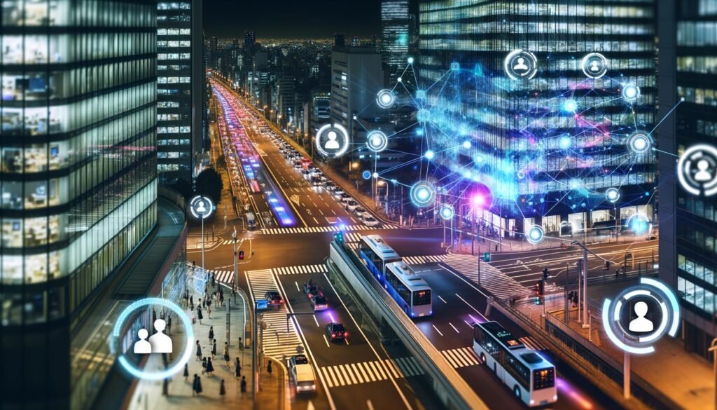 Futuristische Großstadt bei Nacht, mit leuchtenden Datenströmen, autonomen Bussen, Drohnen und digital eingeblendeten Diagrammen vor gläsernen Hochhäusern. Menschen nutzen Smartphones, während Sensoren und Kameras integriert sind.