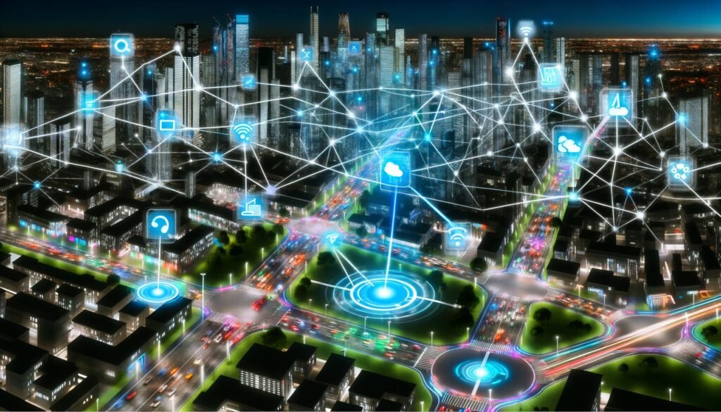 Futuristische Großstadt bei Nacht mit leuchtenden Datenströmen, holographischen Interfaces, autonomen Fahrzeugen, KI- und Cloud-Symbolen sowie moderner urbaner Infrastruktur.