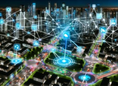 Futuristische Großstadt bei Nacht mit leuchtenden Datenströmen, holographischen Interfaces, autonomen Fahrzeugen, KI- und Cloud-Symbolen sowie moderner urbaner Infrastruktur.