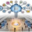 Digitale Illustration eines modernen Kontrollzentrums mit mehreren Datenquellen, transparenten Datenströmen, zentralem Data Warehouse und Business-Fachleuten bei der Datenanalyse.