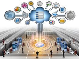 Digitale Illustration eines modernen Kontrollzentrums mit mehreren Datenquellen, transparenten Datenströmen, zentralem Data Warehouse und Business-Fachleuten bei der Datenanalyse.