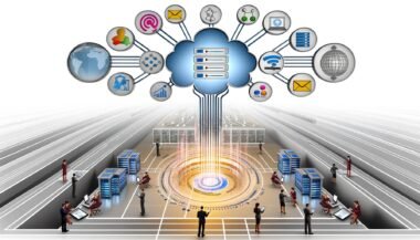 Digitale Illustration eines modernen Kontrollzentrums mit mehreren Datenquellen, transparenten Datenströmen, zentralem Data Warehouse und Business-Fachleuten bei der Datenanalyse.