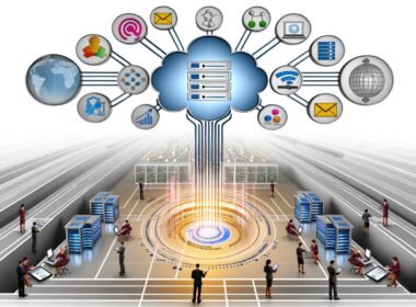 Digitale Illustration eines modernen Kontrollzentrums mit mehreren Datenquellen, transparenten Datenströmen, zentralem Data Warehouse und Business-Fachleuten bei der Datenanalyse.