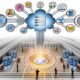 Digitale Illustration eines modernen Kontrollzentrums mit mehreren Datenquellen, transparenten Datenströmen, zentralem Data Warehouse und Business-Fachleuten bei der Datenanalyse.