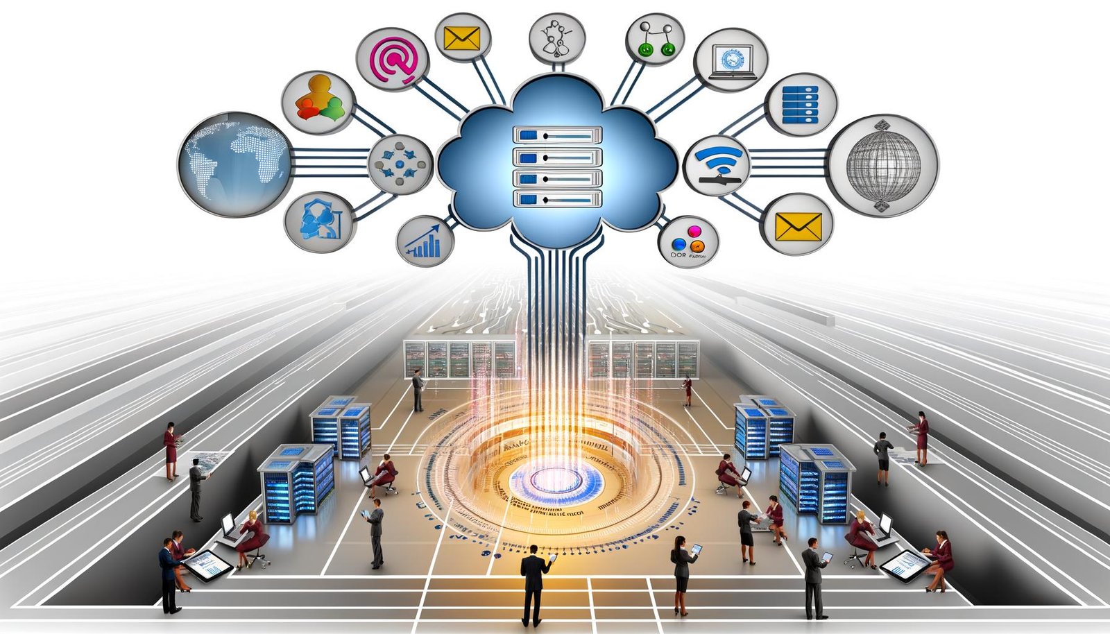 Digitale Illustration eines modernen Kontrollzentrums mit mehreren Datenquellen, transparenten Datenströmen, zentralem Data Warehouse und Business-Fachleuten bei der Datenanalyse.