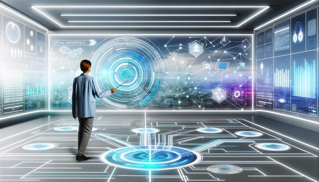Person bedient in einem modernen Kontrollzentrum einen virtuellen Governance-Regler, umgeben von holografischen Dashboards, leuchtenden Datenströmen und digitaler Skyline – sinnbildlich für effiziente und sichere Datensteuerung.