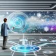 Person bedient in einem modernen Kontrollzentrum einen virtuellen Governance-Regler, umgeben von holografischen Dashboards, leuchtenden Datenströmen und digitaler Skyline – sinnbildlich für effiziente und sichere Datensteuerung.