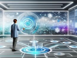 Person bedient in einem modernen Kontrollzentrum einen virtuellen Governance-Regler, umgeben von holografischen Dashboards, leuchtenden Datenströmen und digitaler Skyline – sinnbildlich für effiziente und sichere Datensteuerung.