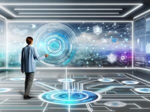 Person bedient in einem modernen Kontrollzentrum einen virtuellen Governance-Regler, umgeben von holografischen Dashboards, leuchtenden Datenströmen und digitaler Skyline – sinnbildlich für effiziente und sichere Datensteuerung.