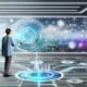 Person bedient in einem modernen Kontrollzentrum einen virtuellen Governance-Regler, umgeben von holografischen Dashboards, leuchtenden Datenströmen und digitaler Skyline – sinnbildlich für effiziente und sichere Datensteuerung.