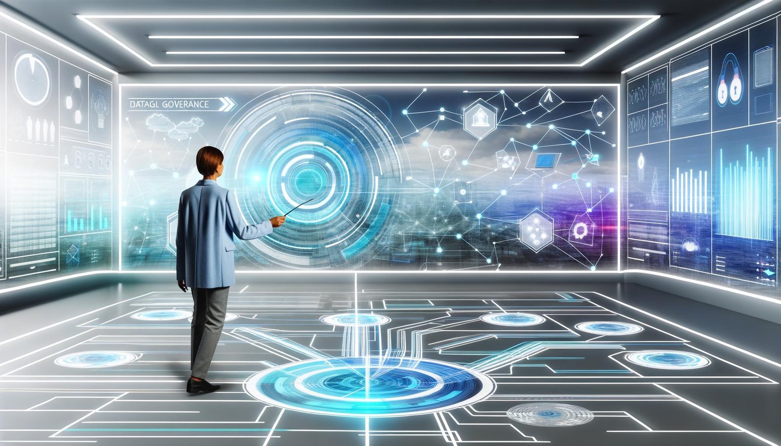 Person bedient in einem modernen Kontrollzentrum einen virtuellen Governance-Regler, umgeben von holografischen Dashboards, leuchtenden Datenströmen und digitaler Skyline – sinnbildlich für effiziente und sichere Datensteuerung.