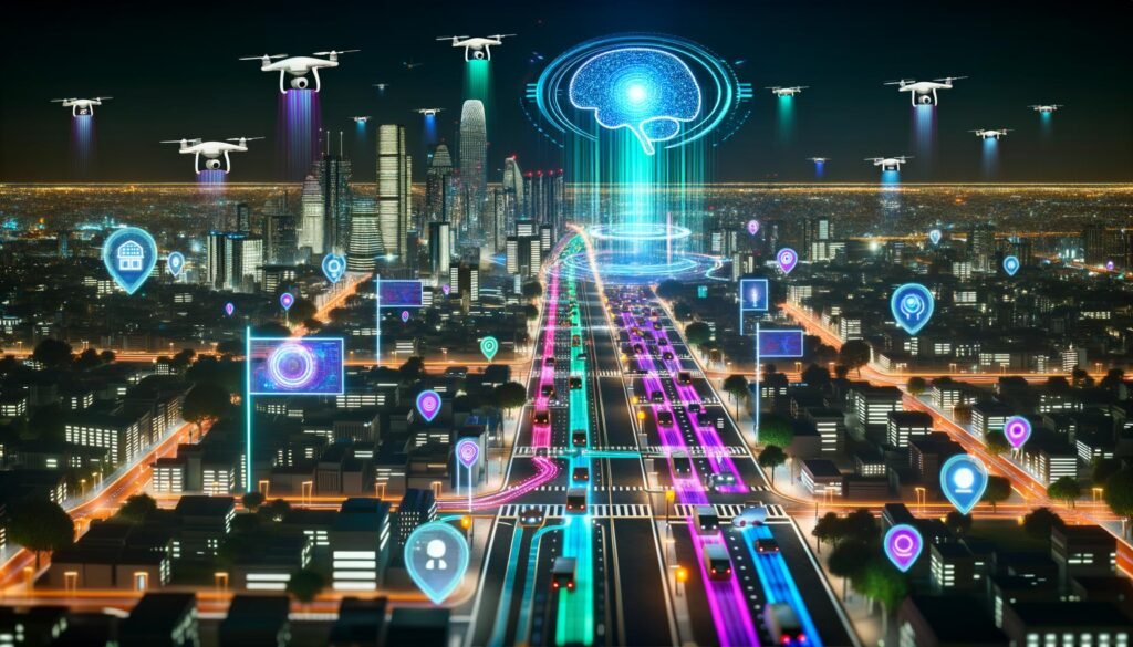 Nachtaufnahme einer futuristischen Großstadt mit leuchtenden Hochhäusern, autonomen Autos, Drohnen, vielen Sensoren und digitalen Lichtlinien, die KI-gestützte Vernetzung symbolisieren.