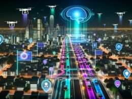 Nachtaufnahme einer futuristischen Großstadt mit leuchtenden Hochhäusern, autonomen Autos, Drohnen, vielen Sensoren und digitalen Lichtlinien, die KI-gestützte Vernetzung symbolisieren.