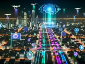 Nachtaufnahme einer futuristischen Großstadt mit leuchtenden Hochhäusern, autonomen Autos, Drohnen, vielen Sensoren und digitalen Lichtlinien, die KI-gestützte Vernetzung symbolisieren.