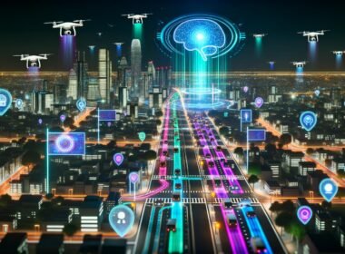 Nachtaufnahme einer futuristischen Großstadt mit leuchtenden Hochhäusern, autonomen Autos, Drohnen, vielen Sensoren und digitalen Lichtlinien, die KI-gestützte Vernetzung symbolisieren.