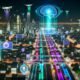 Nachtaufnahme einer futuristischen Großstadt mit leuchtenden Hochhäusern, autonomen Autos, Drohnen, vielen Sensoren und digitalen Lichtlinien, die KI-gestützte Vernetzung symbolisieren.