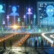Futuristische Stadtlandschaft bei Sonnenaufgang mit digitalen Netzwerken, Nachtverkehr durch autonome Fahrzeuge, riesige Bildschirme mit KI-Analysen und skeptisch blickenden Menschen im Vordergrund.