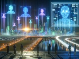 Futuristische Stadtlandschaft bei Sonnenaufgang mit digitalen Netzwerken, Nachtverkehr durch autonome Fahrzeuge, riesige Bildschirme mit KI-Analysen und skeptisch blickenden Menschen im Vordergrund.
