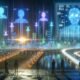 Futuristische Stadtlandschaft bei Sonnenaufgang mit digitalen Netzwerken, Nachtverkehr durch autonome Fahrzeuge, riesige Bildschirme mit KI-Analysen und skeptisch blickenden Menschen im Vordergrund.