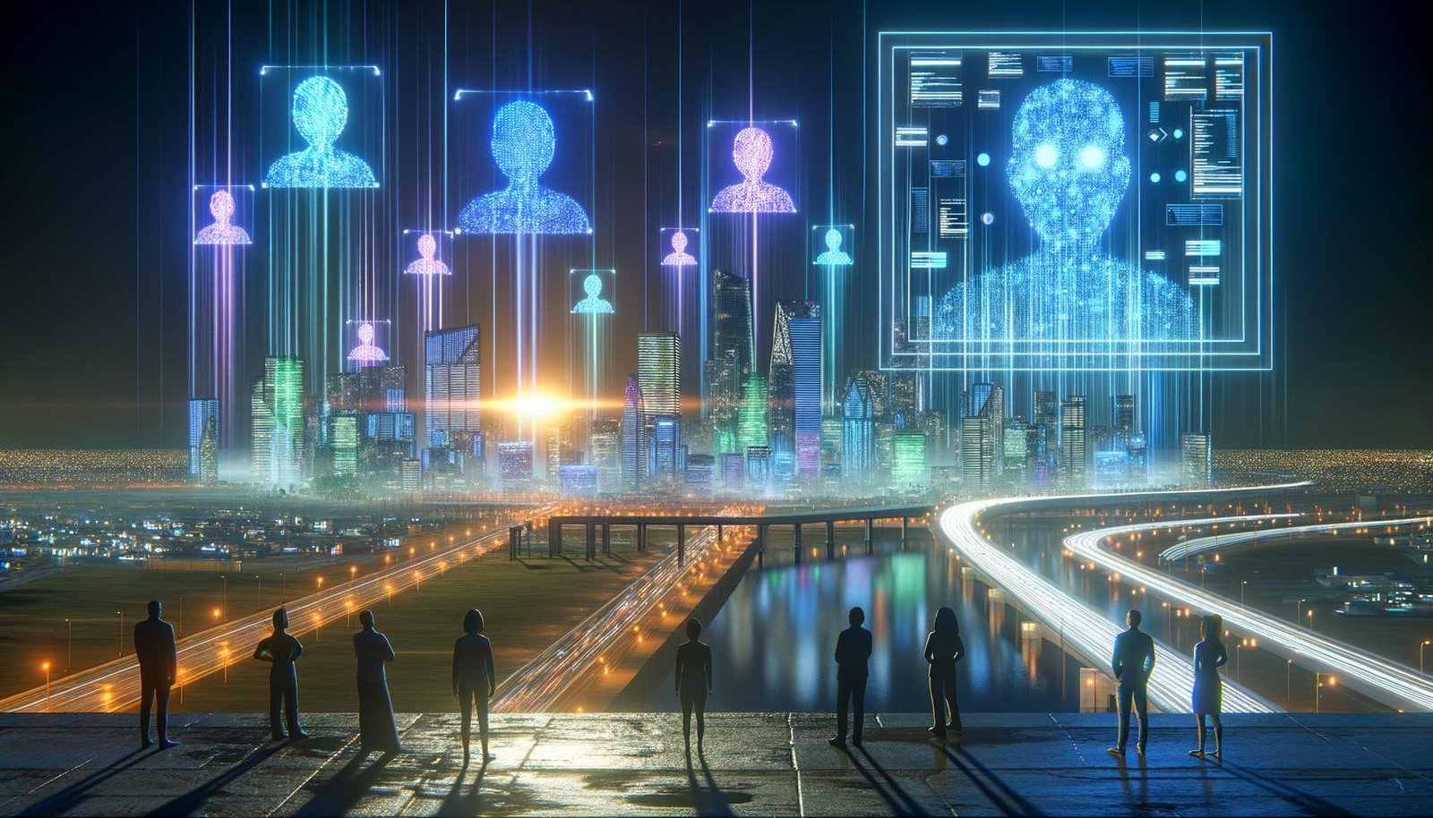 Futuristische Stadtlandschaft bei Sonnenaufgang mit digitalen Netzwerken, Nachtverkehr durch autonome Fahrzeuge, riesige Bildschirme mit KI-Analysen und skeptisch blickenden Menschen im Vordergrund.