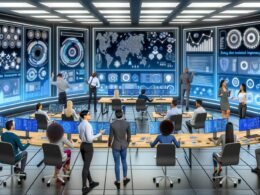 Futuristisches Open-Space-Marketingbüro 2025 mit diversen Teammitgliedern vor Dashboards, Whiteboards und vernetzten KI-Systemen, die Datenströme visualisieren.