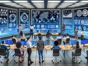 Futuristisches Open-Space-Marketingbüro 2025 mit diversen Teammitgliedern vor Dashboards, Whiteboards und vernetzten KI-Systemen, die Datenströme visualisieren.