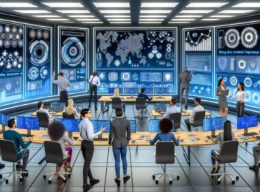 Futuristisches Open-Space-Marketingbüro 2025 mit diversen Teammitgliedern vor Dashboards, Whiteboards und vernetzten KI-Systemen, die Datenströme visualisieren.