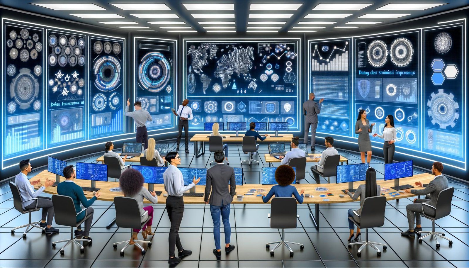 Futuristisches Open-Space-Marketingbüro 2025 mit diversen Teammitgliedern vor Dashboards, Whiteboards und vernetzten KI-Systemen, die Datenströme visualisieren.