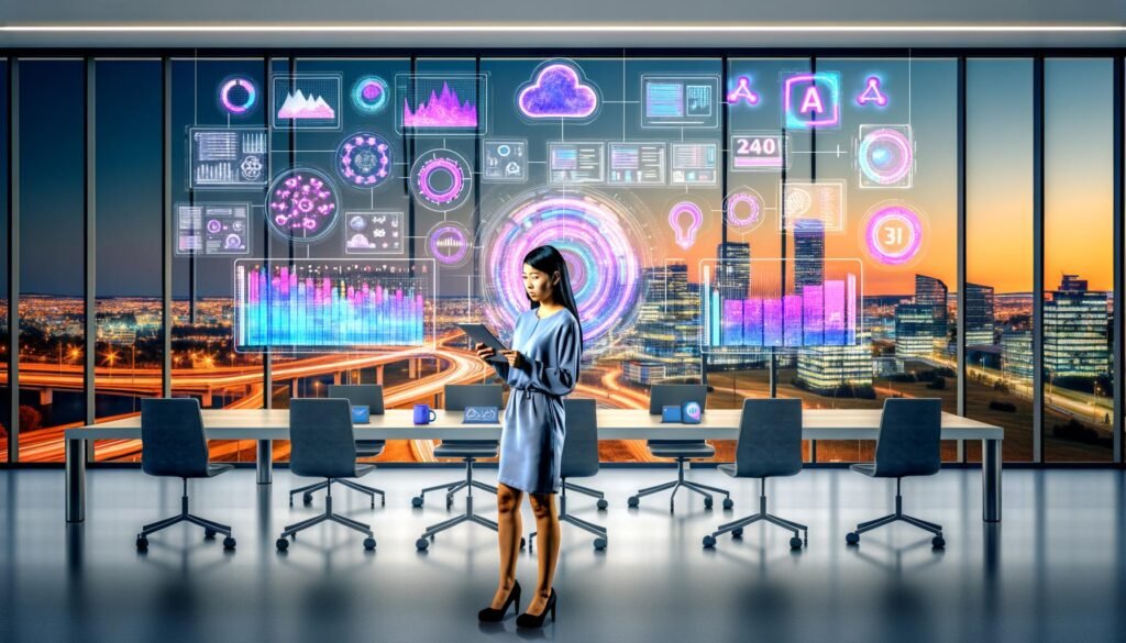 Marketing-Managerin in modernem Büro vor großem KI-Dashboard mit bunten Datenvisualisierungen und Blick auf die Stadt im Sonnenuntergang