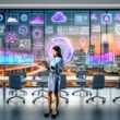 Marketing-Managerin in modernem Büro vor großem KI-Dashboard mit bunten Datenvisualisierungen und Blick auf die Stadt im Sonnenuntergang