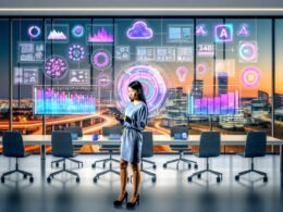 Marketing-Managerin in modernem Büro vor großem KI-Dashboard mit bunten Datenvisualisierungen und Blick auf die Stadt im Sonnenuntergang