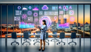 Marketing-Managerin in modernem Büro vor großem KI-Dashboard mit bunten Datenvisualisierungen und Blick auf die Stadt im Sonnenuntergang