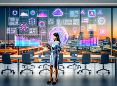 Marketing-Managerin in modernem Büro vor großem KI-Dashboard mit bunten Datenvisualisierungen und Blick auf die Stadt im Sonnenuntergang