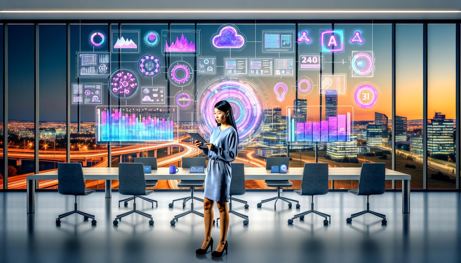 Marketing-Managerin in modernem Büro vor großem KI-Dashboard mit bunten Datenvisualisierungen und Blick auf die Stadt im Sonnenuntergang
