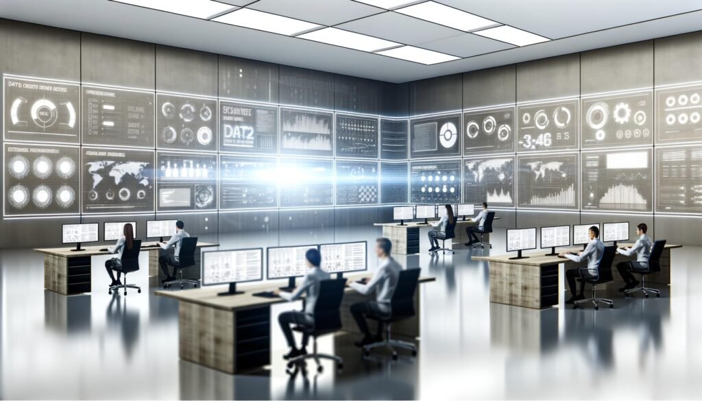 Futuristisches Büro mit diversen Fachleuten an mehreren Bildschirmen, die komplexe Daten- und Marketing-Analysen auswerten, während Whiteboards im Hintergrund Diagramme und Notizen zeigen.