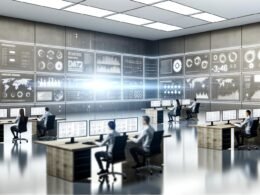 Futuristisches Büro mit diversen Fachleuten an mehreren Bildschirmen, die komplexe Daten- und Marketing-Analysen auswerten, während Whiteboards im Hintergrund Diagramme und Notizen zeigen.