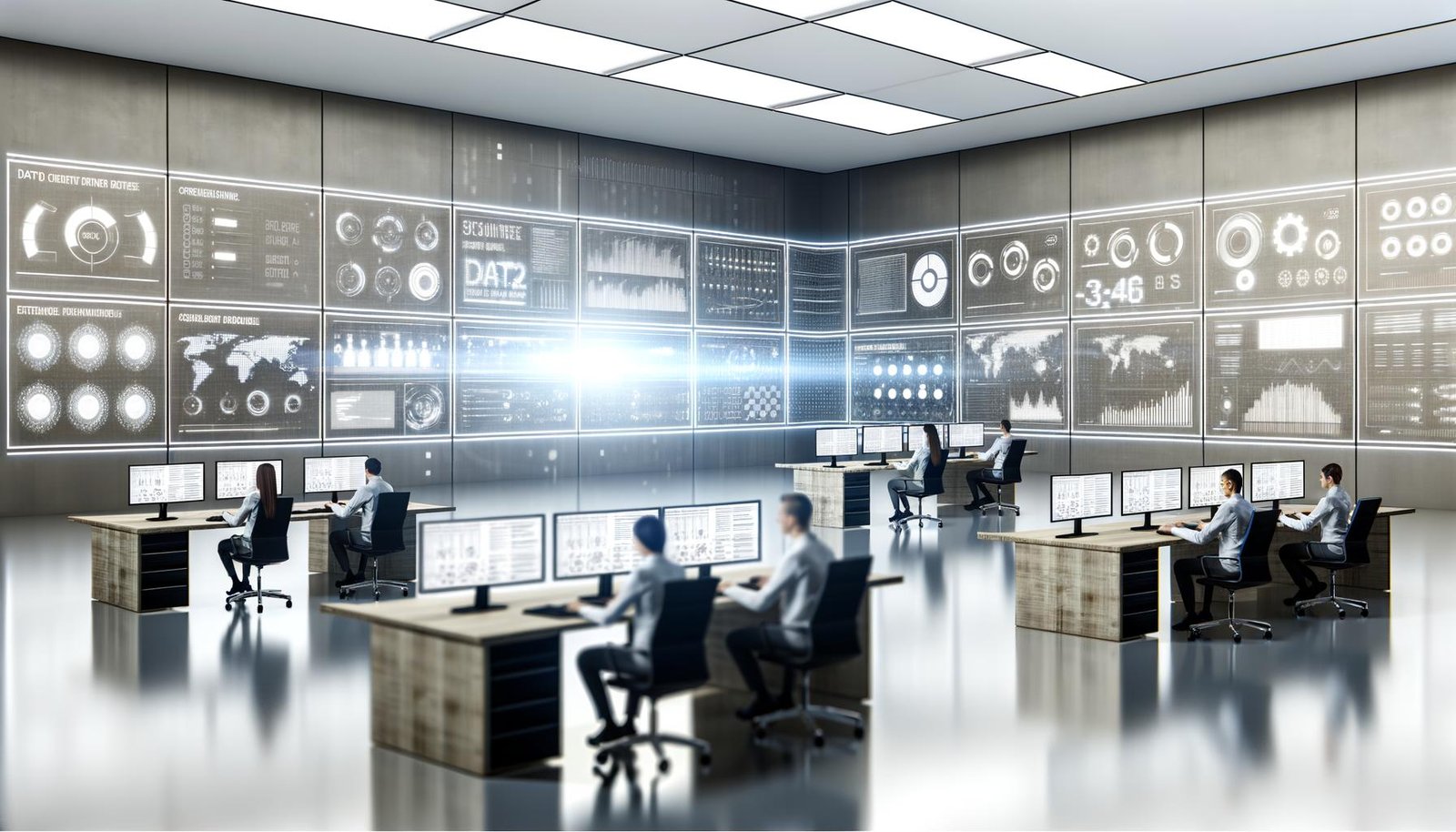 Futuristisches Büro mit diversen Fachleuten an mehreren Bildschirmen, die komplexe Daten- und Marketing-Analysen auswerten, während Whiteboards im Hintergrund Diagramme und Notizen zeigen.