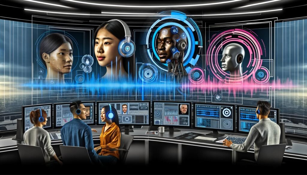 Futuristischer Arbeitsbereich mit mehreren Descript-Monitoren, Audio-Wellenformen, TTS-Einstellungen und einem diversen Team im kollaborativen Austausch zwischen KI-Hologrammen und Sprach-Avataren.