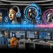 Futuristischer Arbeitsbereich mit mehreren Descript-Monitoren, Audio-Wellenformen, TTS-Einstellungen und einem diversen Team im kollaborativen Austausch zwischen KI-Hologrammen und Sprach-Avataren.