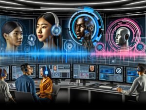 Futuristischer Arbeitsbereich mit mehreren Descript-Monitoren, Audio-Wellenformen, TTS-Einstellungen und einem diversen Team im kollaborativen Austausch zwischen KI-Hologrammen und Sprach-Avataren.